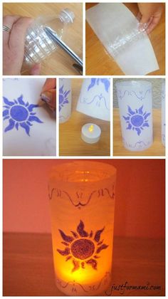 several pictures showing how to make an easy candle holder with paper and candlesticks