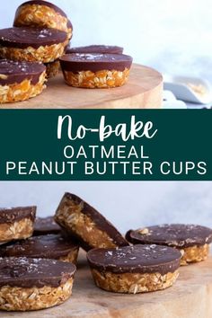 no bake oatmeal peanut butter cups on a cutting board with chocolate