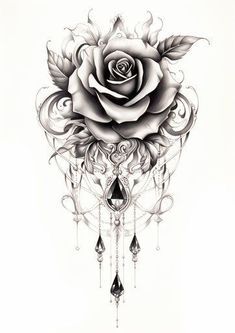 a black and white drawing of a rose with diamonds on it's side,