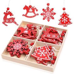 christmas decorations in a wooden box on a white background