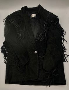 "Black men's cowboy jacket, made from real suede, soft and genuine suede, decorated with long fashionable fringe, long jacket, rocker jacket, streetstyle jacket, western jacket, vintage style, steep jacket, retro style, has size - medium. Men's cowboy jacket; made from real suede; suede is genuine and soft; long comfortable jacket - black color. Jacket has a straight form; has decoration - fashionable suede long fringe; jacket fastened via button; jacket has two outside big pockets. The lining i Winter Festival Long Sleeve Leather Jacket, Fall Festival Leather Jacket With Fringe, Western Suede Outerwear For Winter, Winter Festival Leather Jacket With Fringe, Fitted Fringe Outerwear For Winter, Western Style Suede Winter Outerwear, Winter Leather Jacket With Tassels, Western Style Long Sleeve Outerwear With Tassels, Winter Leather Jacket With Tassels Long Sleeve