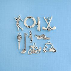 Golf themed collection of antique silver tone charms, in a zinc alloy metal. Perfect for bracelets, pendants, earrings, zipper pulls, bookmarks and key chains! Measurements: 10mm - 30mm Hole Size: 2mm You will receive 1 set of 10 charms. PLEASE NOTE: From time to time I may need to substitute one of the charms for another of equal or greater value... all keeping with the theme of the collection. Need more? Just send us a message through the contact us form, instant chat, or at mailto:info@bohemi Nickel-free Silver Novelty Charms, Silver Novelty Charm Necklace, Novelty Personalized Silver Charms, Personalized Silver Metal Charms, Nickel Free Silver Themed Charms, Nickel-free Silver Themed Charms, Nickel-free Themed Silver Charms, Themed Silver Metal Charms, Crimp Bead Covers