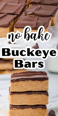 no bake buckeye bars stacked on top of each other