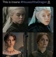 four different pictures of game of thrones, one with white hair and the other with blue