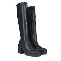 Step out in breath-taking style with the Women's Madden Girl Lax Knee High Boot. Faux leather upper in a tall boot style with a round toe. Side zipper entry. Shaft height: 15"; Circumference: 12"; measured on a size 6. Jersey fabric lining with a padded insole. Platform midsole. Durable manmade outsole with a 3" block heel. Tall Black Boots Fall, Knee High Goth Boots, Fall Boots Knee High, Fall 2024 Boots, Fall Outfits With Boots, Platform Boots Outfit, Leather High Boots, Tall Boots Black, Platform Knee High Boots