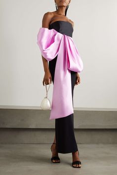 Creative Black Tie, Colorful Gown, Pink Bow Dress, Colour Blocking Fashion, Solace London, Crepe Gown, London Outfit, Floral Dresses Short, Strapless Neckline