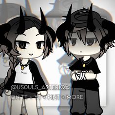 two anime characters standing next to each other with horns on their heads and black hair