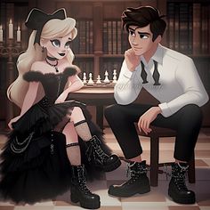 a man and woman sitting at a table in front of a chess board wearing black boots