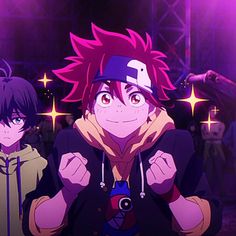 two anime characters standing next to each other in front of purple lights and stars on the ceiling