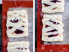 homemade halloween treats made to look like the faces of an evil monster, wrapped in dough