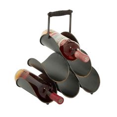 three bottles of wine are stacked on top of each other in a rolling rack with wheels