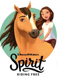 a woman standing next to a brown horse with the words spirit riding free on it