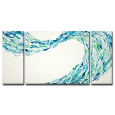 three pieces of art with blue and green waves