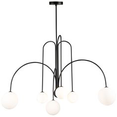 a black chandelier with five white glass balls hanging from the bottom and four arms