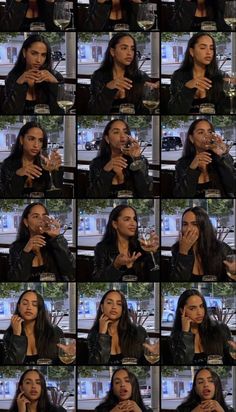 many pictures of a woman holding a wine glass in front of her face and looking at the camera