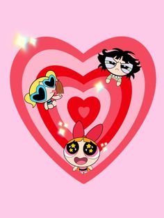 the powerpuff girls in front of a heart shaped background with stars and sparkles