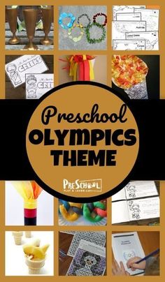 a collage of photos with the words preschool olympics theme in black and orange colors