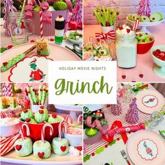 a collage of photos with candy, candies and other items on the table