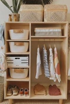 Montessori wardrobes are on-trend, which is great for parents looking to foster independence in their kids early on. With a Montessori wardrobe, your little one -generally when they are around 18 months or so, can start dressing themselves up and learn that life skill. Here, we are rounding up some of our favorite Montessori wardrobe ideas. If you are designing a Montessori wardrobe in the nursery, the design needs to support the purpose. So the Ikea Montessori, Montessori Wardrobe, Montessori Toddler Rooms, Montessori Infant Room, Modern Kids Furniture, Montessori Bedroom