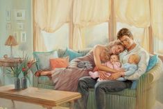 a painting of a family sitting on a couch