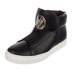 Description: Versace Leather High Top Sneakers Black Medusa Insignia Rubber Trim Round-Toes Includes Box & Dust Bag Luxury High-top Sneakers With Rubber Sole, Luxury Leather High-top Sneakers With Rubber Sole, Luxury Leather Sneakers With Logo Plaque, Leather Sneakers With Logo Plaque And Round Toe, Luxury Calf Leather Slip-on Sneakers, Luxury High-top Sneakers With Leather Sole And Round Toe, Designer Leather Sneakers With Logo Plaque, Luxury Calf Leather Sneakers With Logo Plaque, Custom Leather Sneakers With Embossed Logo And Round Toe