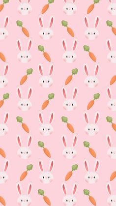 a pink background with bunny ears and carrots