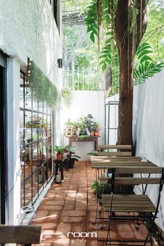 the instagram page is showing an outdoor patio with wooden tables and chairs, potted plants