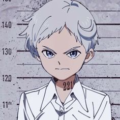 a mug shot of an anime character with blonde hair and blue eyes, wearing a white shirt