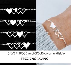 "4 Sisters Bracelet, Best Friend Bracelet for 4, Friendship Bracelet Personalized Dainty. These simple, dainty bracelet will make the perfect personalized, wearable meaningful gift on any occasion for your 4 sisters, best friends. You can personalize each solid heart with a tiny initial to represent each person. PRODUCT INFO ✔ Handmade to order. ✔ Solid sterling silver. ✔ Charm height is 7mm and 1.3mm thick. ✔ The total length is the chain length only, it does not include the length of the charm 4 Friendship Bracelets, Sisters Bracelet, Bracelets Bff, Matching Stuff, Bff Stuff, Bracelets Christmas, Best Friend Rings, 4 Best Friends, Best Friend Bracelet