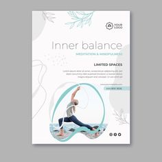 a flyer for an inner balance meditation and mindplugging event with a woman doing yoga