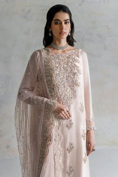 Elegant Pakistani Wedding Dress in Kameez Trouser Style is beautifully adorned with Embroidery work, Zardosi, and Crystals. Custom sizes. Fast shipping. Embroidered Suits, Party Wears, Desi Outfits, Embroidery Fashion Detail, Nikkah Dress, Pakistani Party Wear