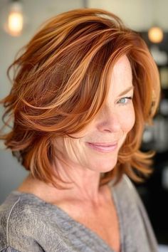 Layered Copper Bob Hairstyle for Women Over 50. Red Hair Over 50 Older Women, Bob Over 50, Copper Bob, Medium Length Curls, Chic Short Hair, Haircuts For Women Over 50, Layered Haircuts For Medium Hair