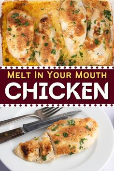 chicken on a plate with text overlay that reads melt in your mouth, chicken