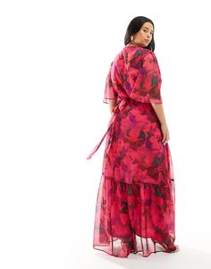 Hope & Ivy Plus wrap maxi dress in hot pink floral | ASOS Pink Maxi Dress With Floral Print And Surplice Neckline, Pink Maxi Dress With Surplice Neckline For Beach, Pink Flowy Wrap Dress With Surplice Neckline, Flowy Pink Wrap Dress With Surplice Neckline, Summer Pink Wrap Dress, Pink Wrap Dress For Summer, Spring Maxi Dress With Tie Waist And Kimono Sleeves, Chic Pink Maxi Dress With Surplice Neckline, Pink Wrap Dress For Spring