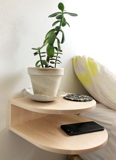 a potted plant sitting on top of a wooden shelf next to a cell phone