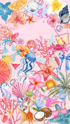 a pink background with many different types of flowers and seashells on the bottom