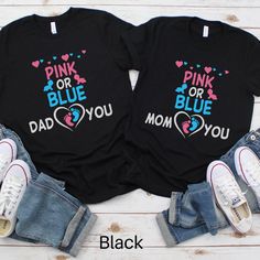 Are you looking for the perfect gender reveal party shirt?  Announce the exciting news in style with our pink or blue we love you shirt!  Production Time:  2-5 business days (usually 2-3 days) Materials: ~Bella and Canvas 3001 Unisex Tshirt  ~100% Airlume combed and ringspun cotton (heather tshirts are 50% cotton/50% polyester) ~Light fabric (4.2 oz/yd² (142 g/m Sizing: ~Runs true to size ~Please refer to the size chart in the photos to find the right fit for your style   - sizing down one size Pink Letter Print T-shirt For Gender Reveal, Pink Tops With Funny Print For Gender Reveal, Black Letter Print Shirt For Gender Reveal, Blue Tops With Funny Print For Family Matching, Blue Family Matching Tops With Funny Print, Blue Family Matching Shirt For Birthday, Family Matching Blue Shirt For Birthday, Blue T-shirt For Gender Reveal With Text Print, Pink T-shirt With Funny Print For Gender Reveal