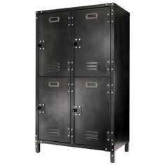 a black metal locker with three doors and two drawers on the front, one door open