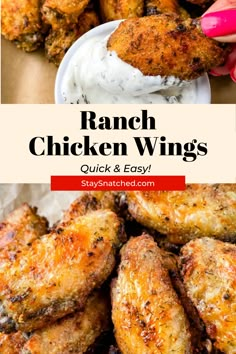 ranch chicken wings with ranch dip in the background and text overlay that reads ranch chicken wings quick and easy