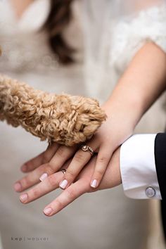 the bride and groom are holding their dog's paw