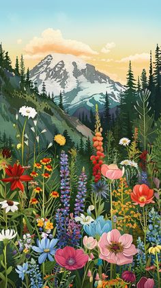 a painting of flowers and mountains in the background