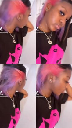 Peekaboo Hair Color Pink And Purple, Purple And Pink Hair Black Women, Pink And Purple Natural Hair Black Women, Red And Pink Dyed Hair, Pink And Purple Skunk Stripe Hair, Pink And Blue Hair Black Women, Pink And Purple Hair Peekaboo