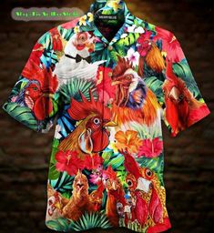 Chicken Tropical Hawaii Shirt/ Chicken Lover Hawaiian Shirt Button Up Streetwear, Cuban Style, Chicken Shirt, Interesting Patterns, Funny Chicken, Chicken Humor, Streetwear Tops, Tropical Style, Beach Casual