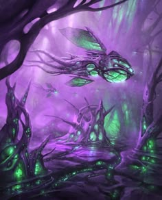 an image of a fantasy forest scene with trees and glowing lights in the night time