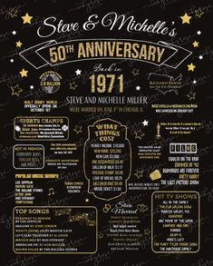 the 50th anniversary poster for steve and mobilee's 50th birthday party in gold on black