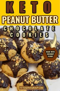 chocolate covered peanut butter cookies on a white plate with text overlay that reads, keto peanut butter chocolate cookies