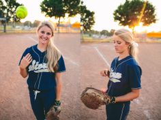 two girls in softball uniforms standing on a baseball field and one is throwing a ball