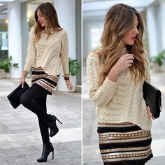 Beige Long Sleeve Asymmetrical Cable Knit Sweater - Sheinside.com Sparkle Outfit, Fiesta Outfit, Look Formal, Sequin Outfit, Outfit Mujer, Casual Work Outfits, Black Skirt, Casual Fall