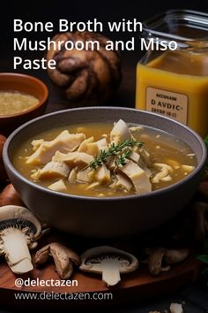 a bowl of soup with mushrooms and miso paste