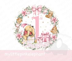 a pink first birthday card with a teddy bear holding a present in front of the number one